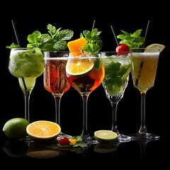 Fototapeta premium Colorful Cocktails with Fresh Fruits, and Black Background.