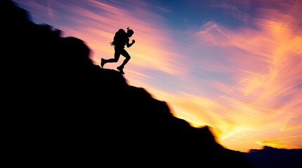 A blurred silhouette of a person ascending a mountain