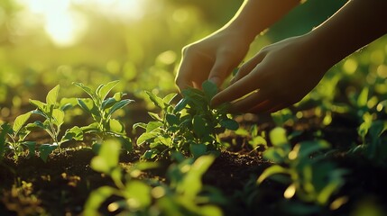 Fototapeta premium Hands Tending to Fresh Green Plants in Sunlit Agricultural Field Background, 32k Resolution