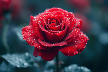 Close-Up of Red Rose with Dew Drops on Petals