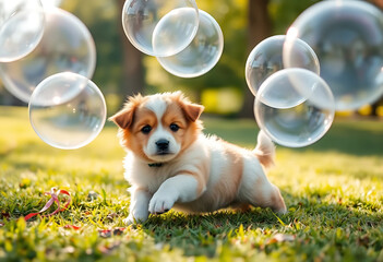 Adorable Puppy with Floating Bubbles
