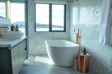 Fototapeta premium Modern Coastal Bathroom with Ocean View
