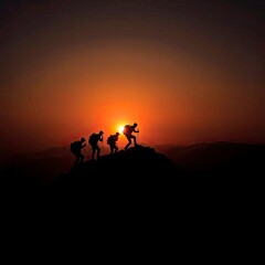 Fototapeta premium People climbing mountains at dusk
