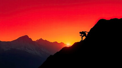 Obraz premium A person climbing a mountain, shown as a dynamic silhouette in vivid electric colors.