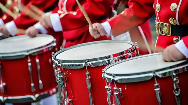 Red Uniforms Drummers Band Playing Rhythm