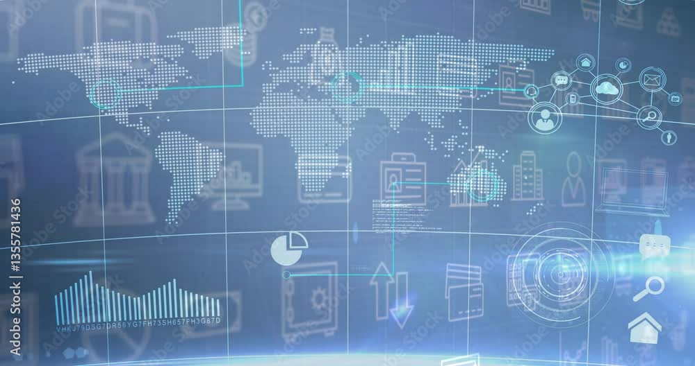 Poster animation of world map with data analytics icons and graphs in digital interface
