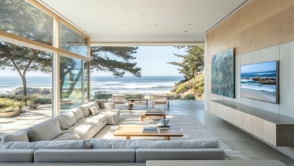 Fototapeta premium Modern Coastal Living Room, Ocean View, Large Windows, Artwork