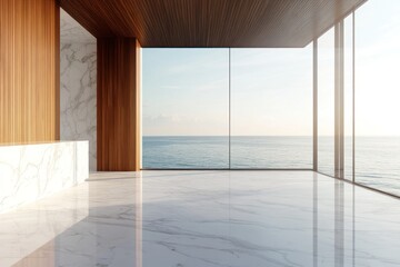 Modern coastal reception area with marble and wood