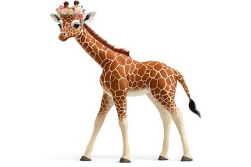 Fototapeta premium Cute Giraffe Flower Crown White Background.