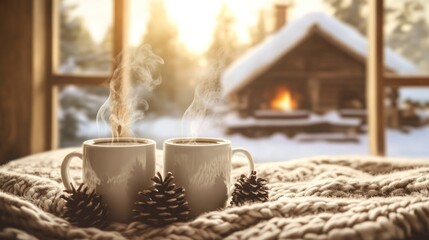 Cozy winter scene with steaming drinks, blanket and snowy cabin background