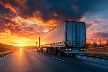 A Large Semi Truck Driving On The Highway During Sunset