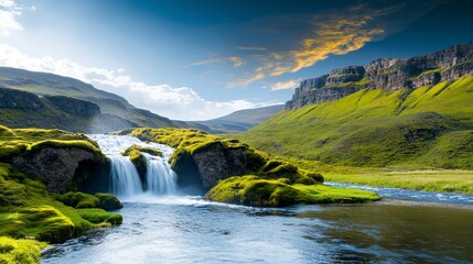 Fototapeta premium Serene Waterfall Landscape Mossy Rocks Golden Hour River