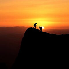 Fototapeta premium Figures climbing a mountain at sunset, their silhouettes dark against the warm sky.