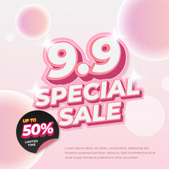 9.9 Special Sale discount deals soft pink pastel gradient Editable text effect Exclusive style Bubbles premium Promotional banner flyer Template