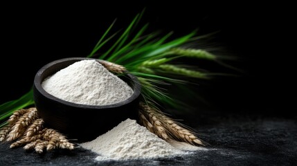 Flour in a bowl, surrounded by wheat stalks