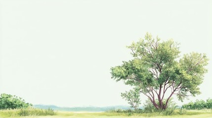 Obraz premium Lush Green Tree in Serene Landscape with Gentle Grass Background