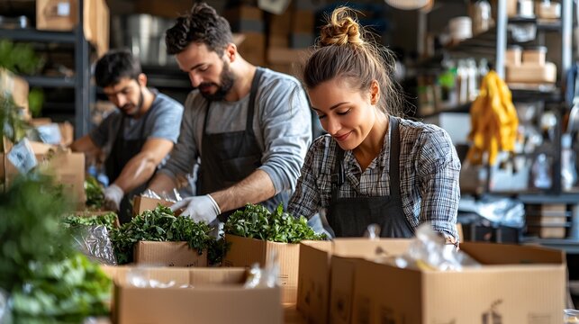 Workers packing fresh produce into boxes for delivery.