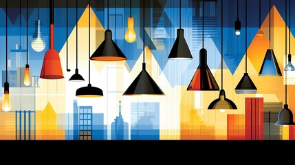 Abstract Cityscape with Hanging Lamps at Night