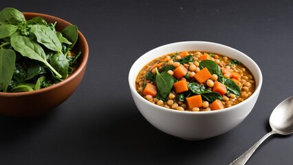 Delicious Bean and Sweet Potato Stew with Fresh Spinach: A Healthy and Flavorful Vegan Recipe for a Cozy Meal.