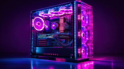 Custom-built PC case with tempered glass panels showcasing glowing internal components in vibrant colors