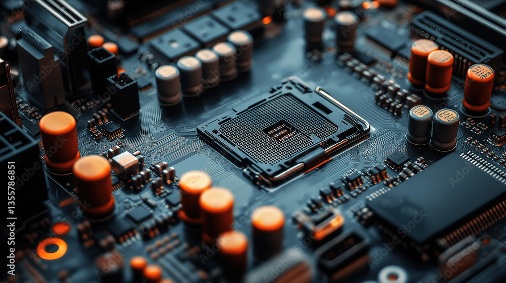 Poster a detailed view of the internal components of a computer motherboard for technical or educational us
