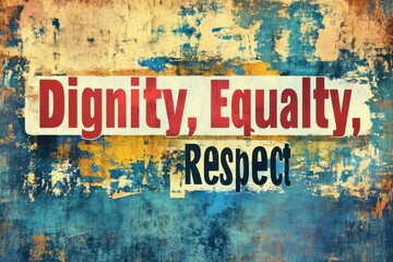 A bold typographic banner with the words "Dignity, Equality, Respect" set against a textured backdrop.