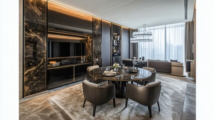 Exquisite dining area with marble accents and luxurious furnishings in a modern apartment