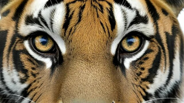 Close-up view of a majestic tiger showcasing its striking eyes and intricate fur patterns in a natural habitat during daylight