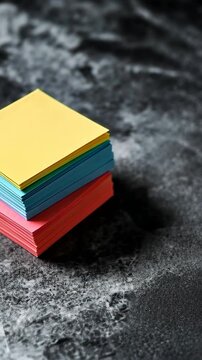Colorful sticky notes stacked on a dark textured surface, ideal for organization and reminders in any workspace