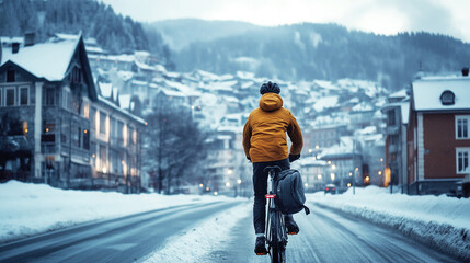 A man in yellow jacket ride a bicycle, the European city of Bergen, Norway. Snow and Winter season Blurred background