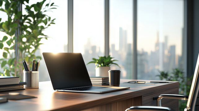 Modern office desk with laptop and plants