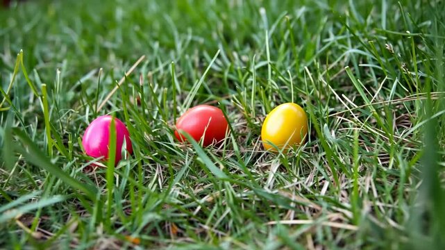 Colorful eggs hidden among green grass in a springtime setting during an outdoor egg hunt event