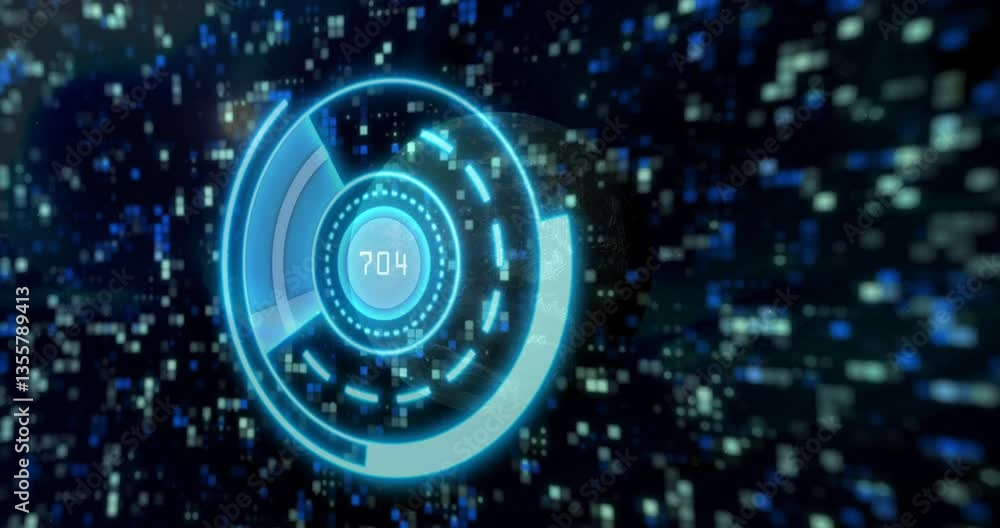  animation of glowing blue circular elements with binary code in digital interface