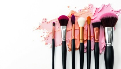 Set of assorted makeup brushes, isolated white, shot, handle
