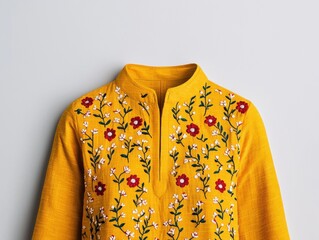Bright yellow kurti with intricate floral embroidery, featuring red and white flowers, perfect for vibrant and stylish look