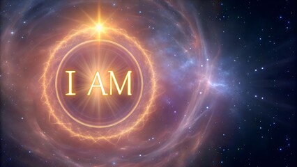 Illuminated I AM text at the heart of a glowing galaxy, representing the journey of self-discovery, universal alignment and spiritual identity