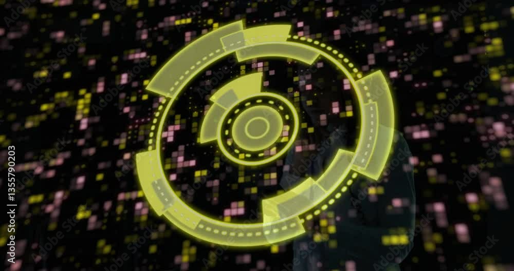 Aufkleber animation of glowing yellow circular interface over digital pixelated background