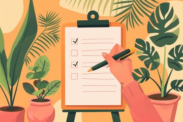 Hand Checking off Tasks on Clipboard with Green Plants Indoor - Tasks, checklist, to-do list, reminder, home decor, hand, pen, check, plan