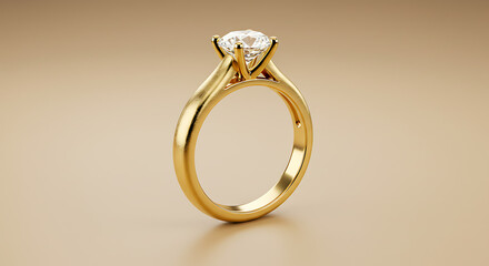 Elegant Gold Engagement Ring Featuring a Solitaire Diamond on Beige Background