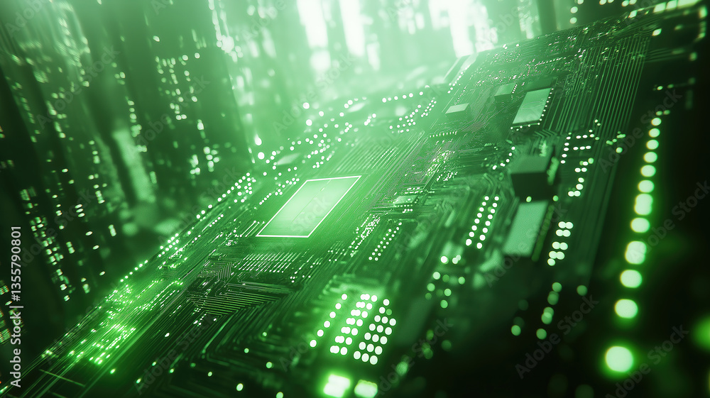 Poster detailed macro view of green circuit board highlighting precise electronic components