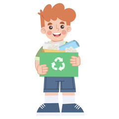 Illustration of boy holding recycling box