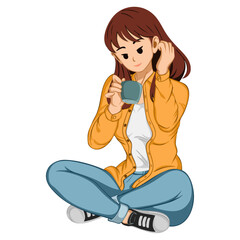 Illustration of a woman sitting enjoying a cup of drink