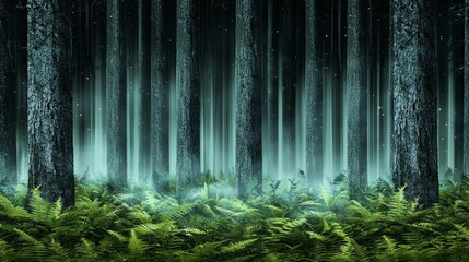 Mystical Foggy Forest  Enchanting Ferns  Pine Trees  Night Scene  Nature Background