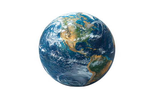 A beautiful view of Earth showcasing intricate details of continents and oceans, isolated against a white background.