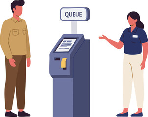 Public service interaction at a self-service kiosk between a civil servant and a female citizen.
