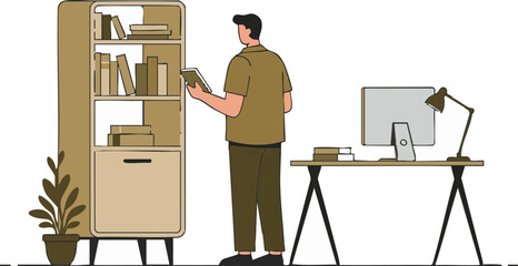 Civil servant organizing documents in a modern office setting with bookshelf and desktop.