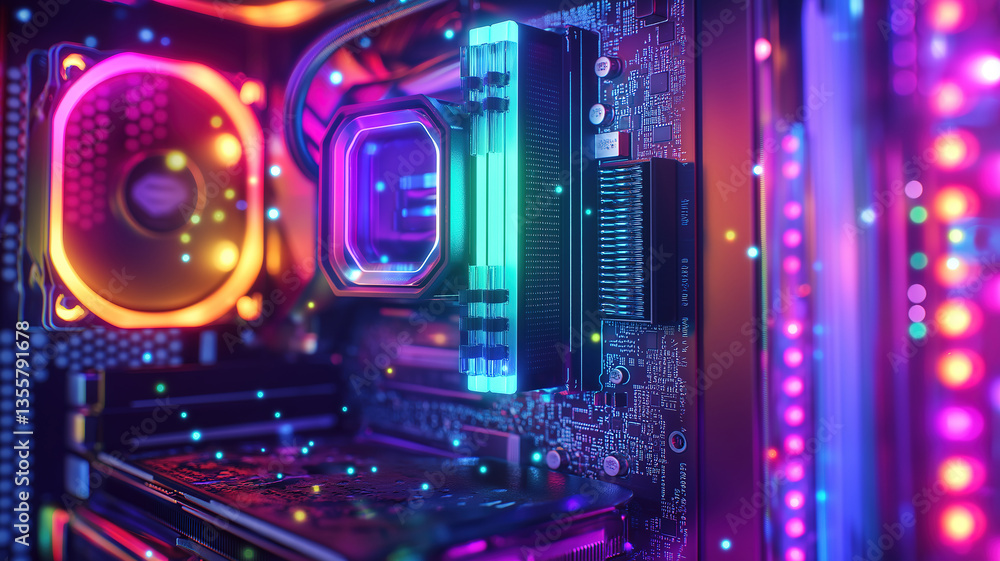 Poster close up of illuminated computer components inside a glass case showcasing vibrant rgb lighting