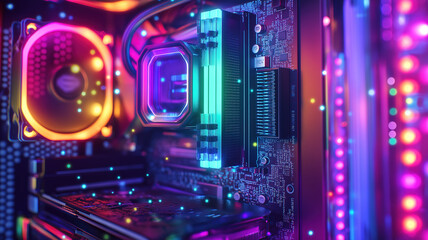 Fototapeta premium Close up of illuminated computer components inside a glass case showcasing vibrant RGB lighting