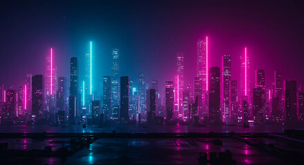 Cityscape illuminated with neon lights at night skyline