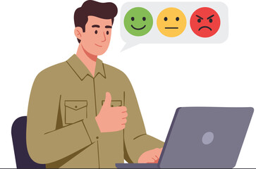 Civil servant analyzing emoticon-based performance or feedback data on laptop.